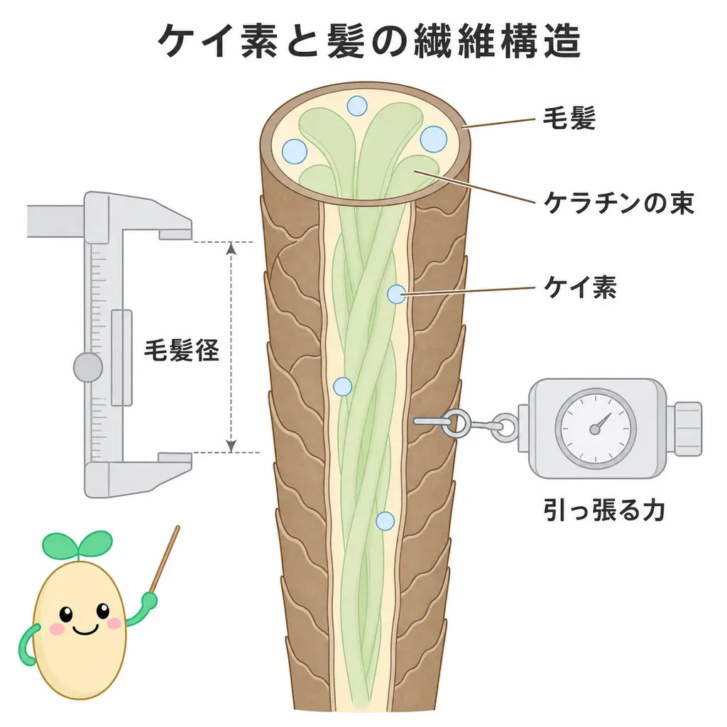 ケイ素の研究で、髪の繊維構造・太さ・引張特性が測られていることを示す図