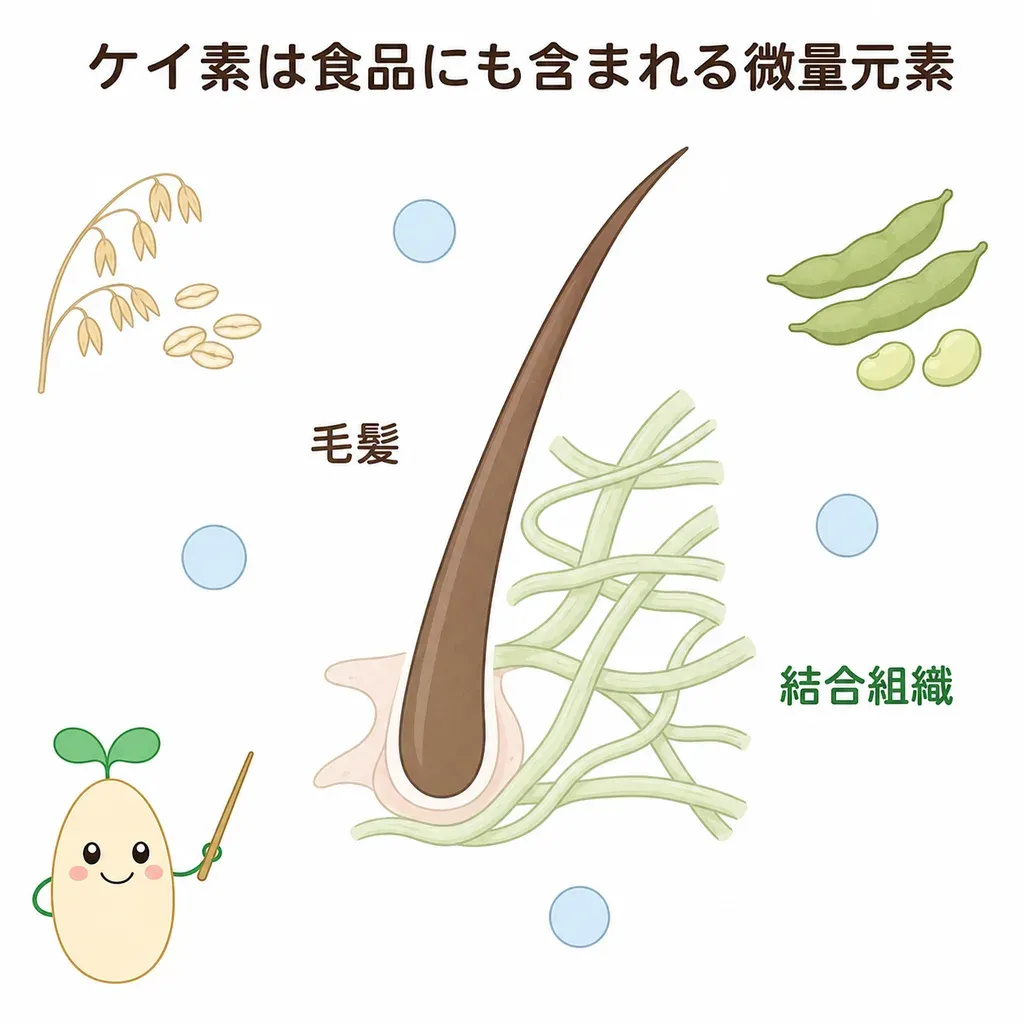 ケイ素（シリカ）が体の中でどんなはたらきに関わるかをやさしく示した図