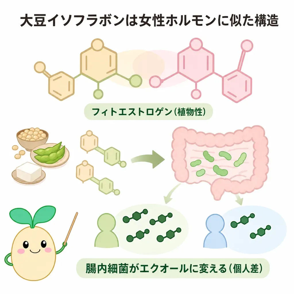 大豆イソフラボンが体の中でどんなはたらきに関わるかをやさしく示した図