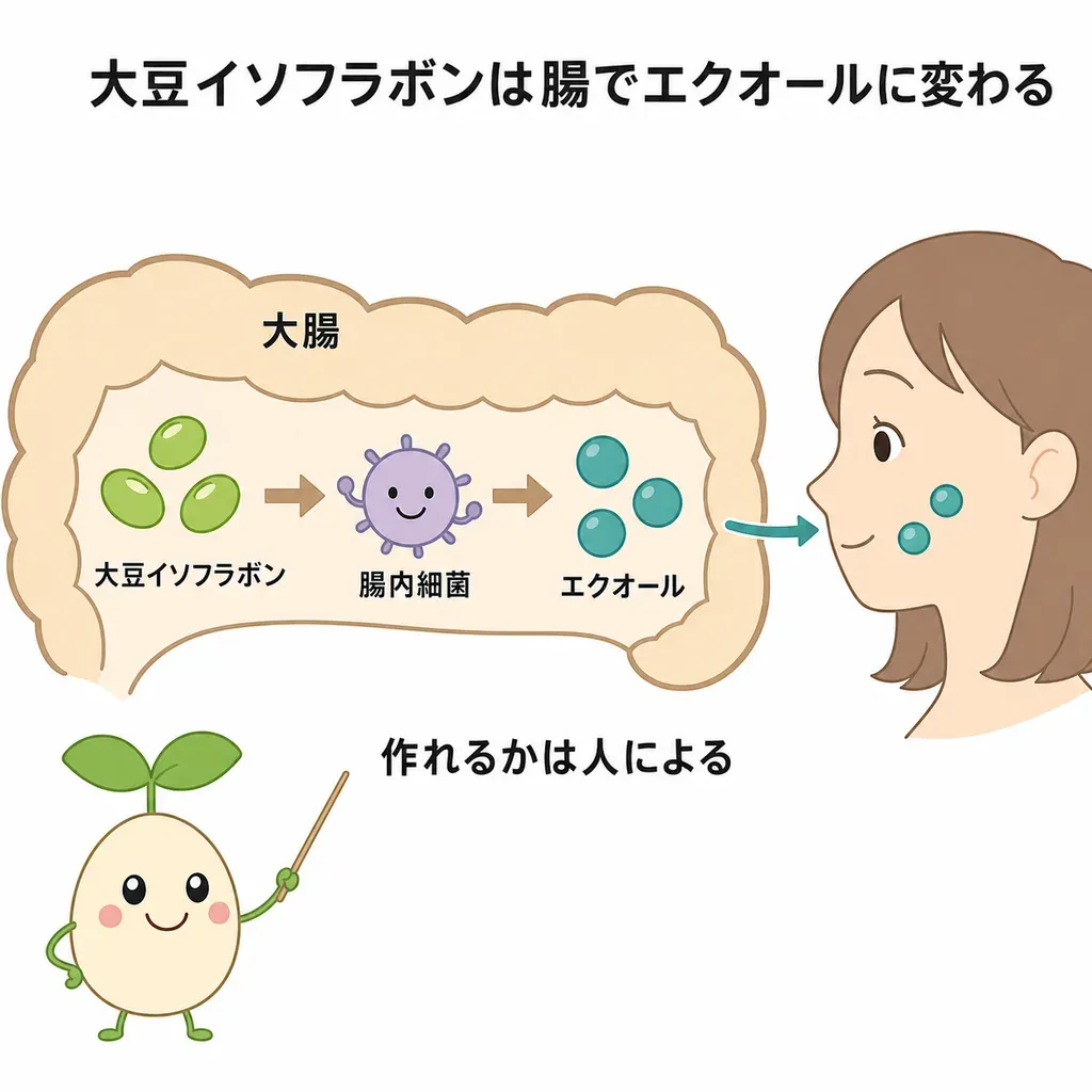 大豆イソフラボンが腸内細菌でエクオールに変わり、エストロゲンに似た働きで肌を支えるとされるイメージ