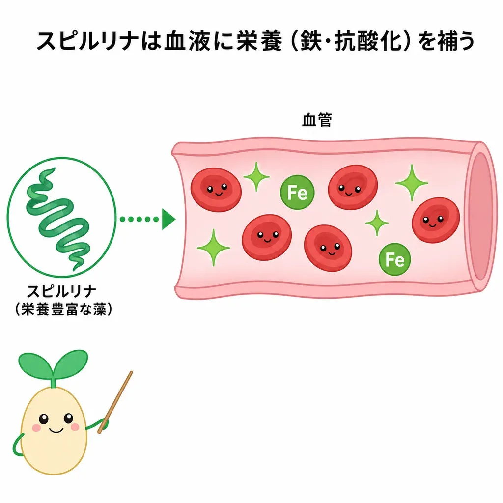 スピルリナが栄養（鉄・抗酸化成分など）を補う面や運動との関係で研究される一方、疲れへの直接の効果ははっきりしないことを示すイメージ