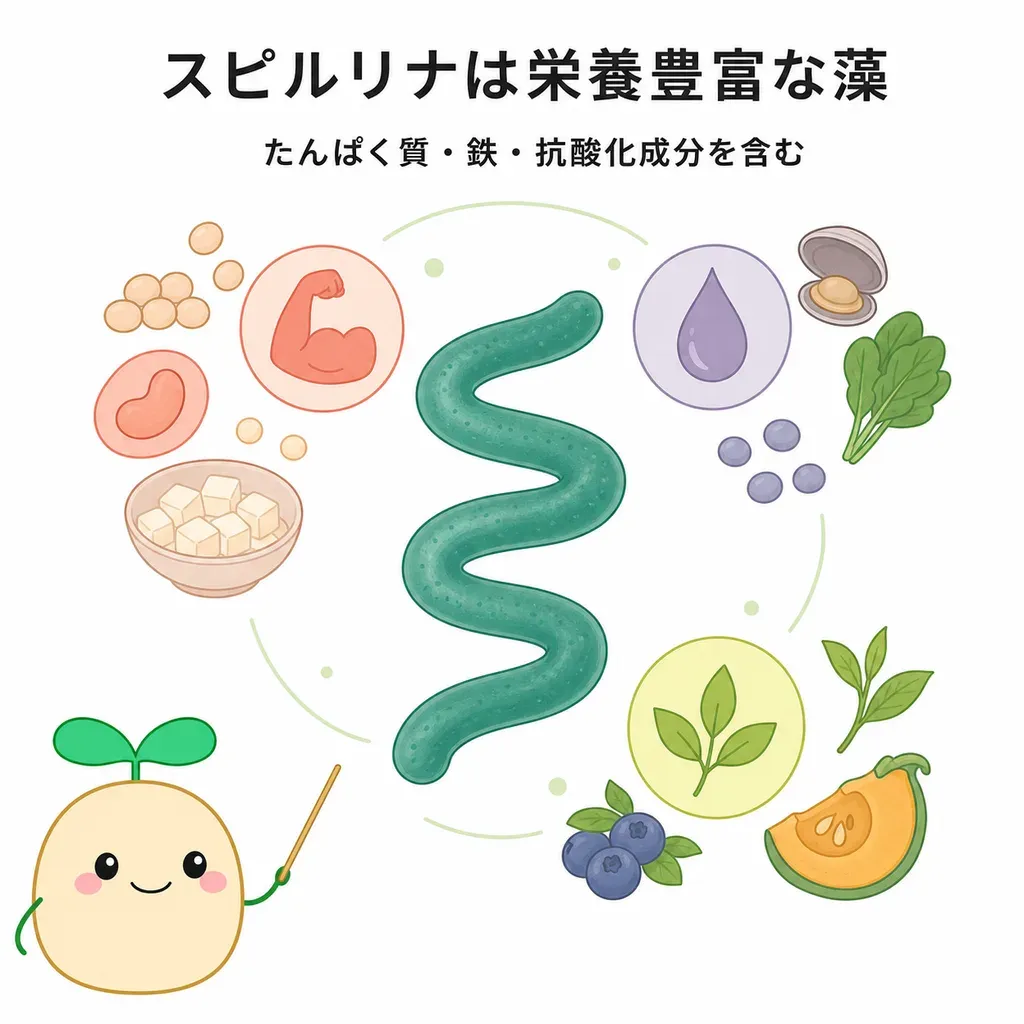 スピルリナが体の中でどんなはたらきに関わるかをやさしく示した図