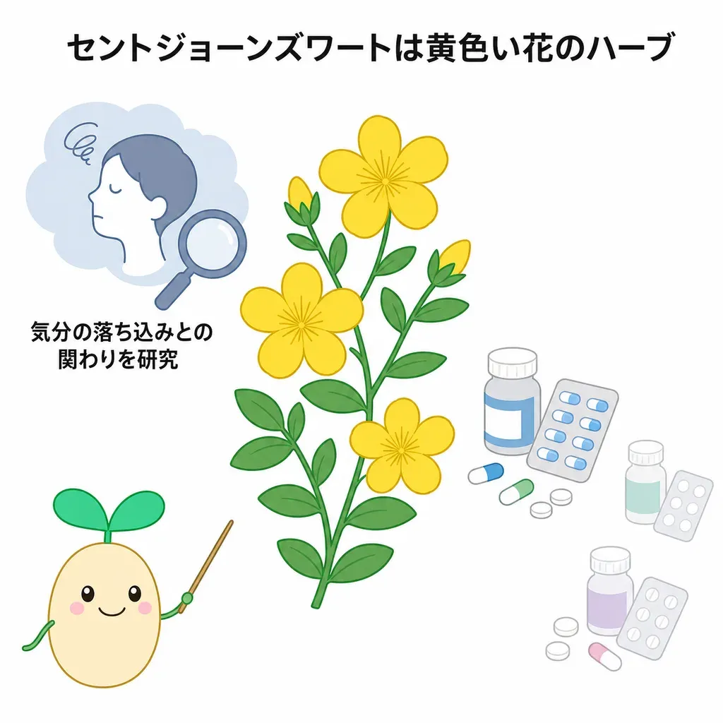 セントジョーンズワートが体の中でどんなはたらきに関わるかをやさしく示した図
