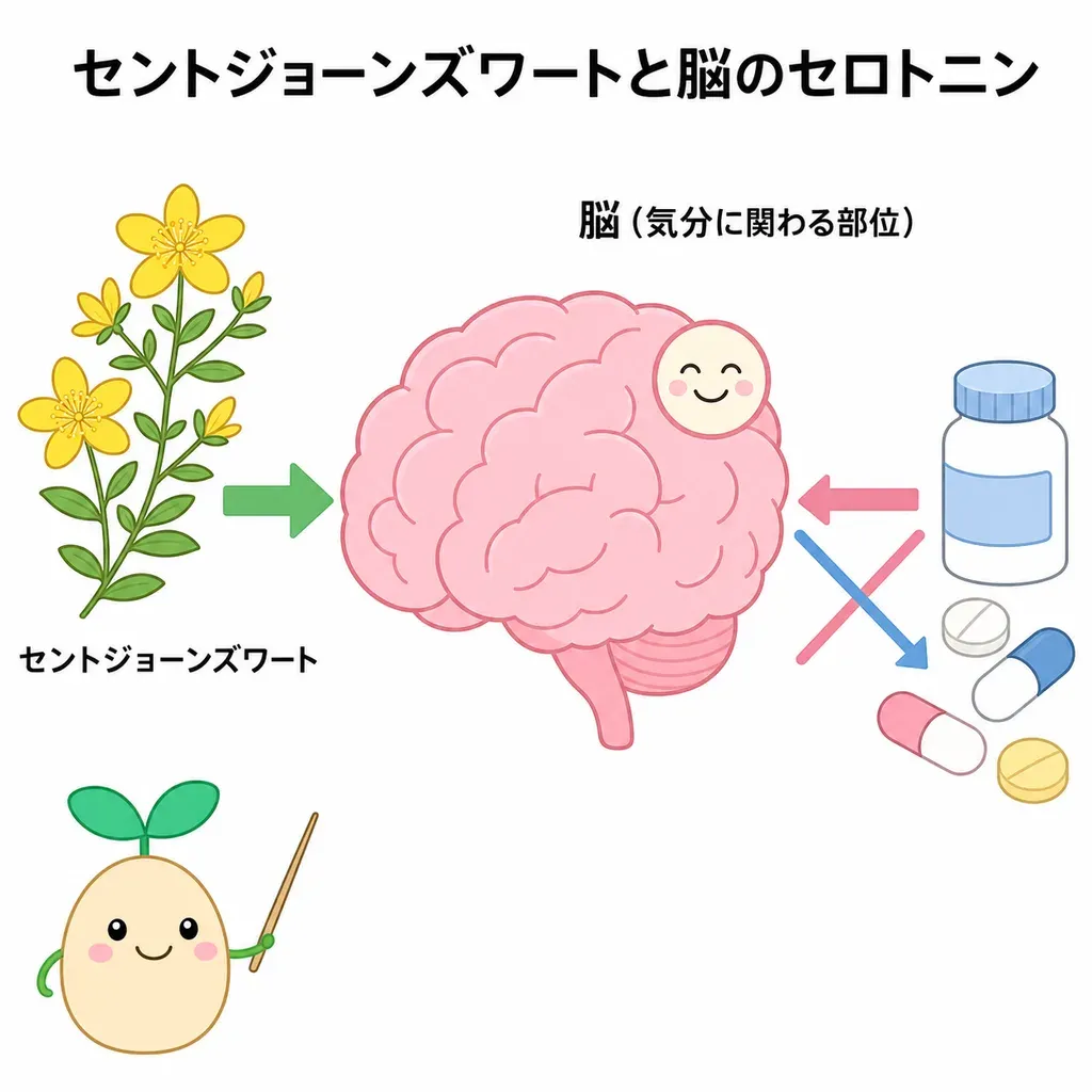 セントジョーンズワートが気分に関わる脳内の物質に働きかけると研究される一方、多くの薬の効きめを弱める飲み合わせに注意が必要なことを示すイメージ