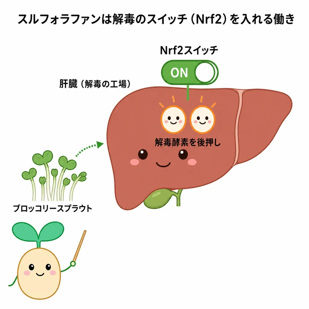 ブロッコリースプラウトに多いスルフォラファンが、体の解毒・抗酸化のスイッチ（Nrf2）を入れ、肝臓の解毒に関わる酵素を後押しする働きが研究されている一方、健康な人のお酒・肝臓ケアとしての裏づけは発展途上であることを示すイメージ