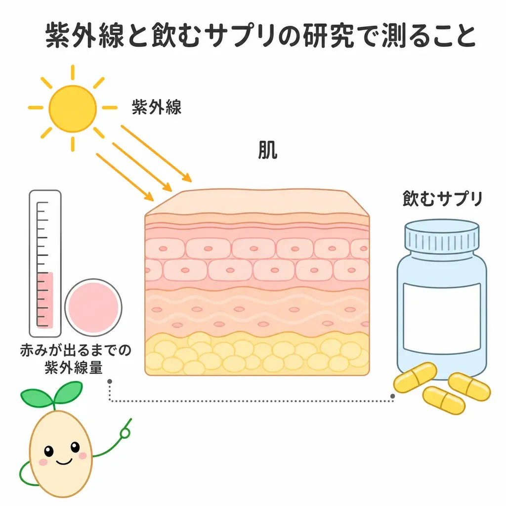 アスタキサンチンの試験では、紫外線で赤みが出るまでの量などを測定しています。日焼け後に単回で飲む場面を示した図ではありません。