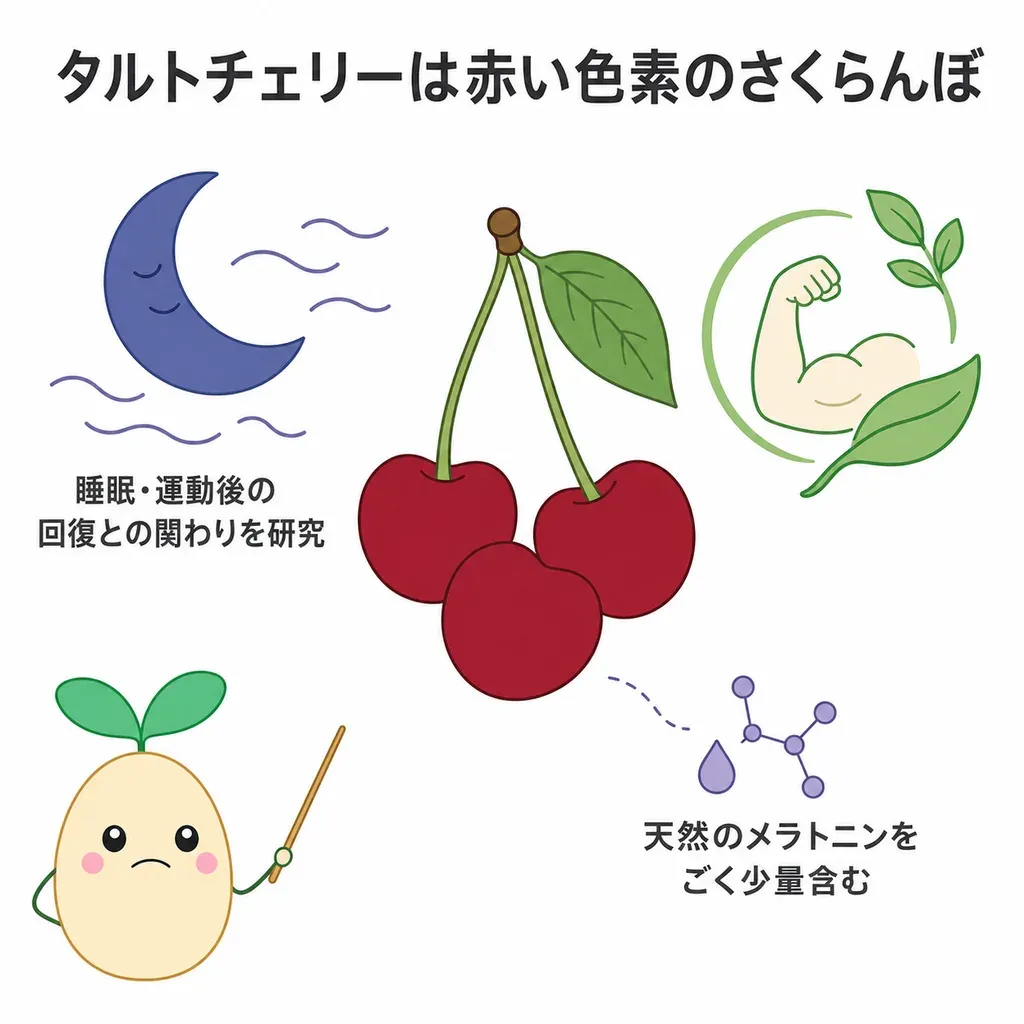 タルトチェリーが体の中でどんなはたらきに関わるかをやさしく示した図