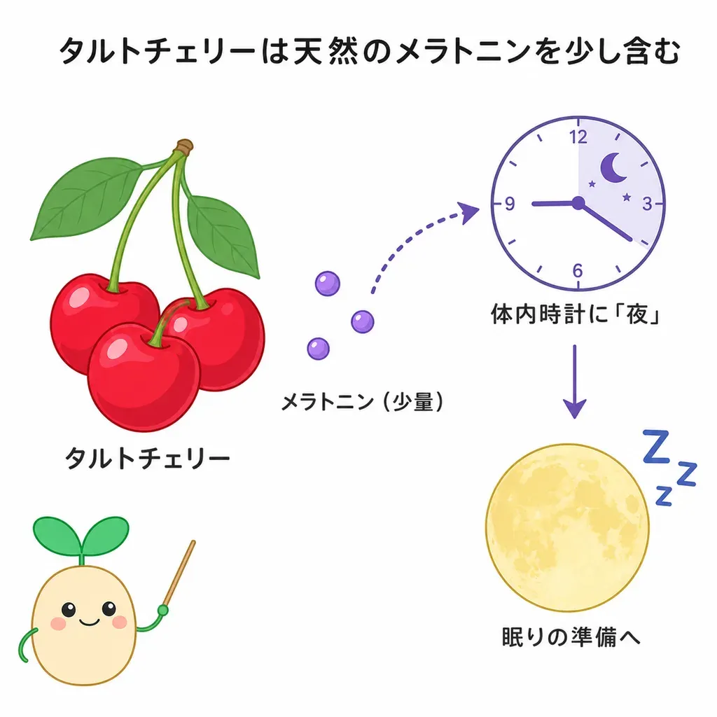 タルトチェリーが天然のメラトニンを含み、眠りの深さ・睡眠の質との関係で研究されているイメージ