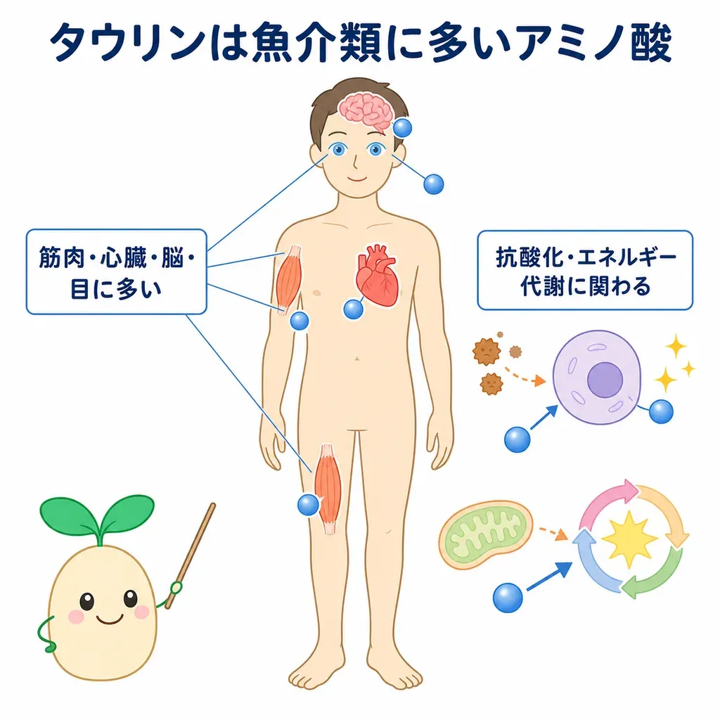 タウリンが体の中でどんなはたらきに関わるかをやさしく示した図