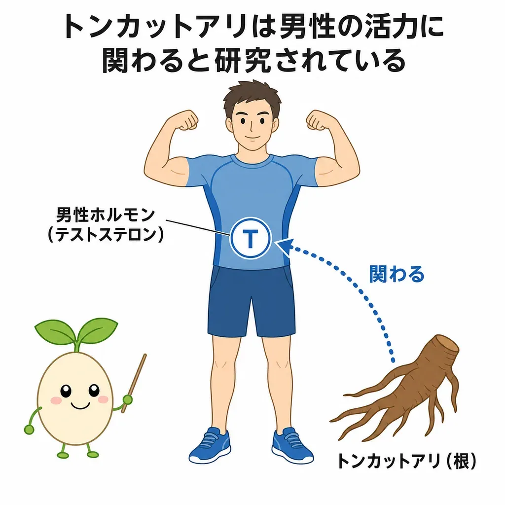 トンカットアリが男性ホルモン(テストステロン)に関わると研究されている(結果は分かれる)イメージ