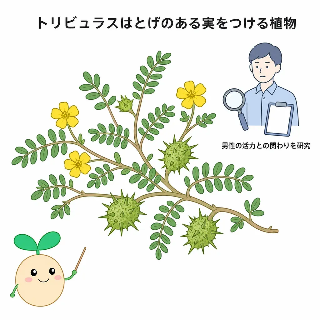 トリビュラス(ハマビシ)が体の中でどんなはたらきに関わるかをやさしく示した図