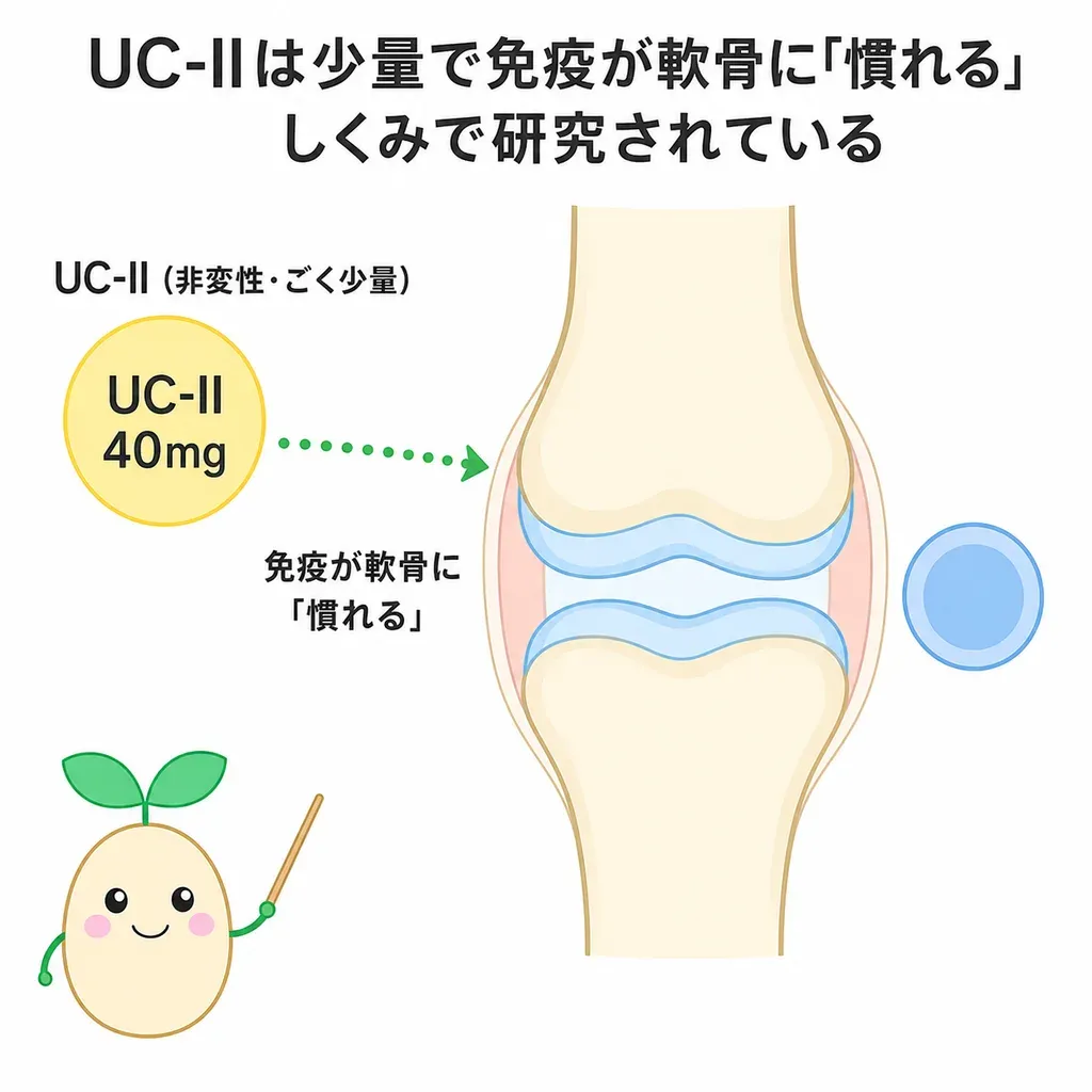 UC-IIを少量とることで体が軟骨のII型コラーゲンに『慣れ』、関節への過剰な反応を鎮める働きが研究されているイメージ