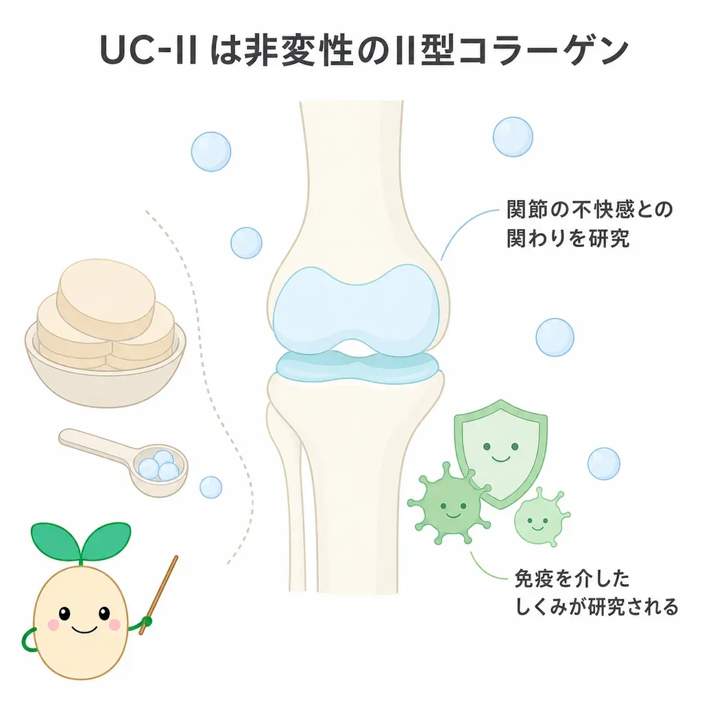 UC-II（非変性II型コラーゲン）が体の中でどんなはたらきに関わるかをやさしく示した図