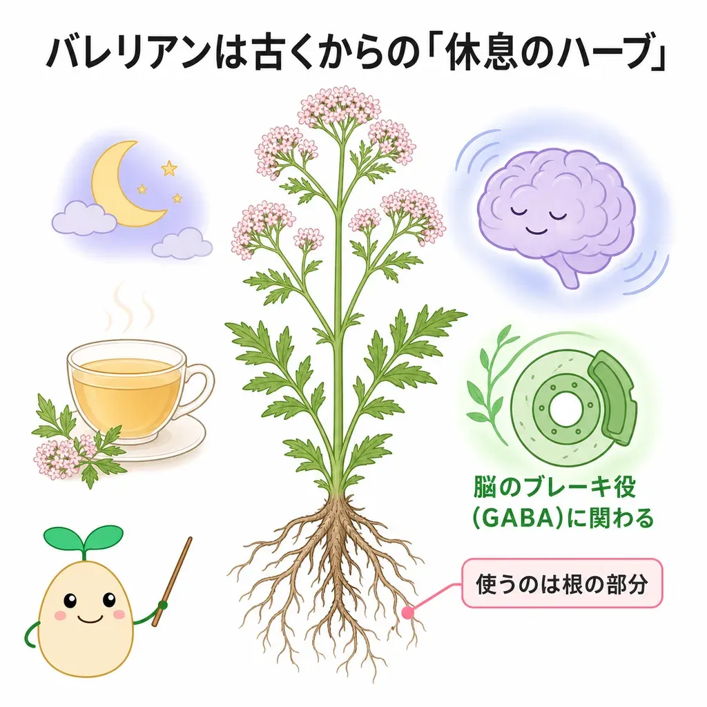 バレリアンが体の中でどんなはたらきに関わるかをやさしく示した図