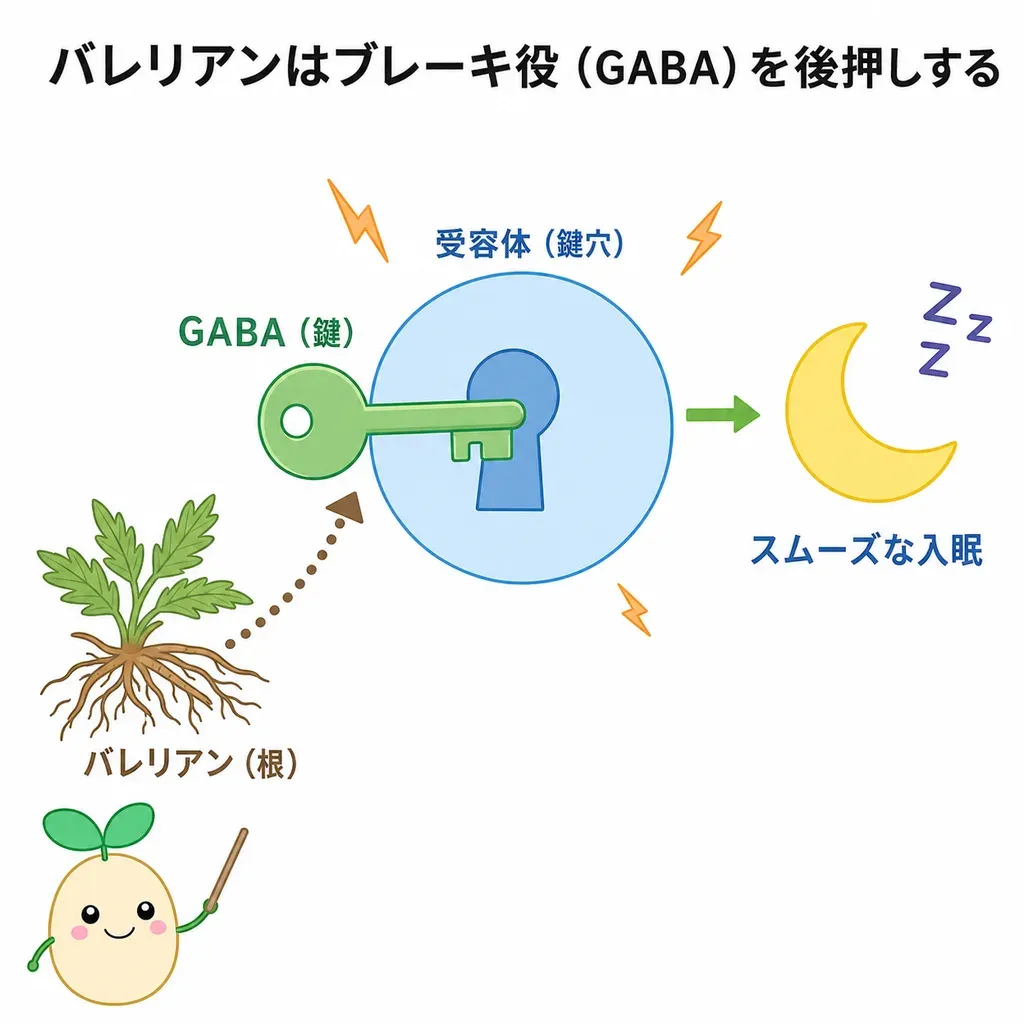 バレリアンがGABAの働きを後押しし、神経の高ぶりを鎮めて入眠を助けるとされるイメージ