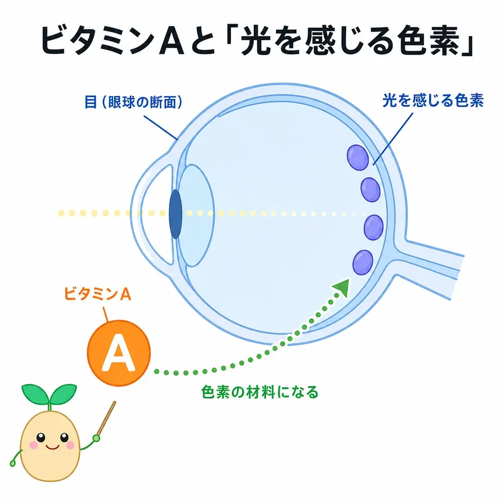 ビタミンAが、目で光を感じる色素(暗いところで見る力に関わる)の材料になり、目の表面の粘膜をうるおして守ることにも関わること、不足すると夜に見えにくくなる(夜盲)一方で、脂溶性のためとりすぎには注意が必要なことを示すイメージ