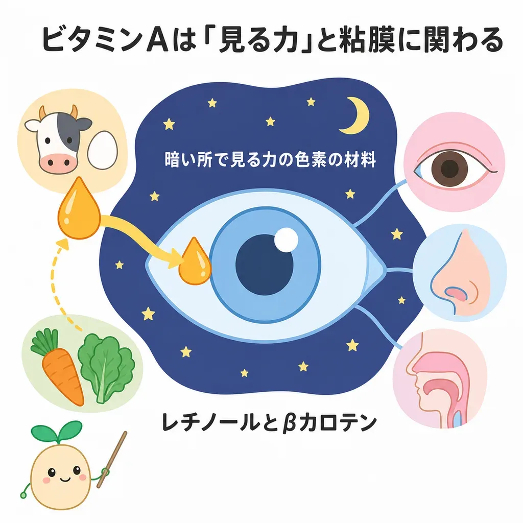 ビタミンAが体の中でどんなはたらきに関わるかをやさしく示した図