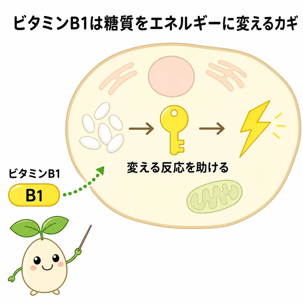 ビタミンB1が、糖質をエネルギーに変える反応を助ける補酵素として働き、不足するとだるさや疲れにつながることを示すイメージ