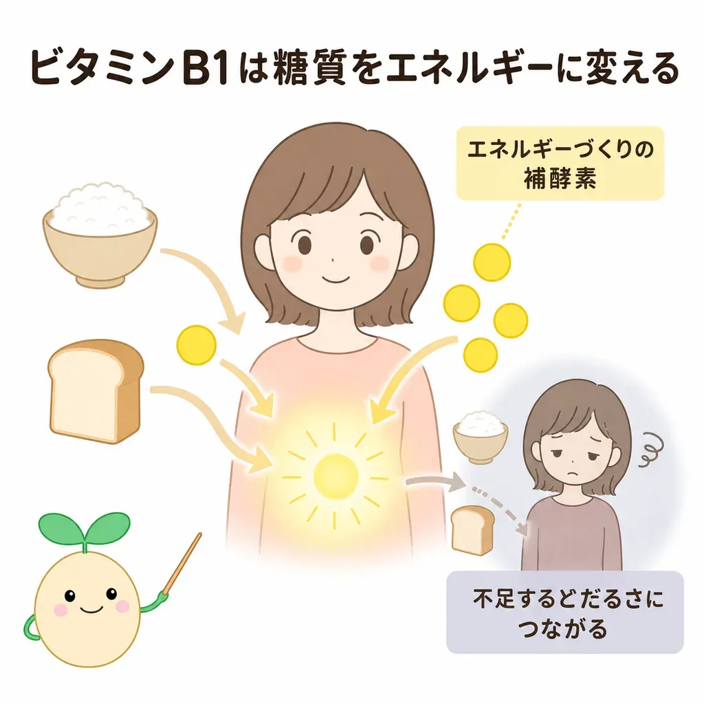 ビタミンB1(チアミン)が体の中でどんなはたらきに関わるかをやさしく示した図