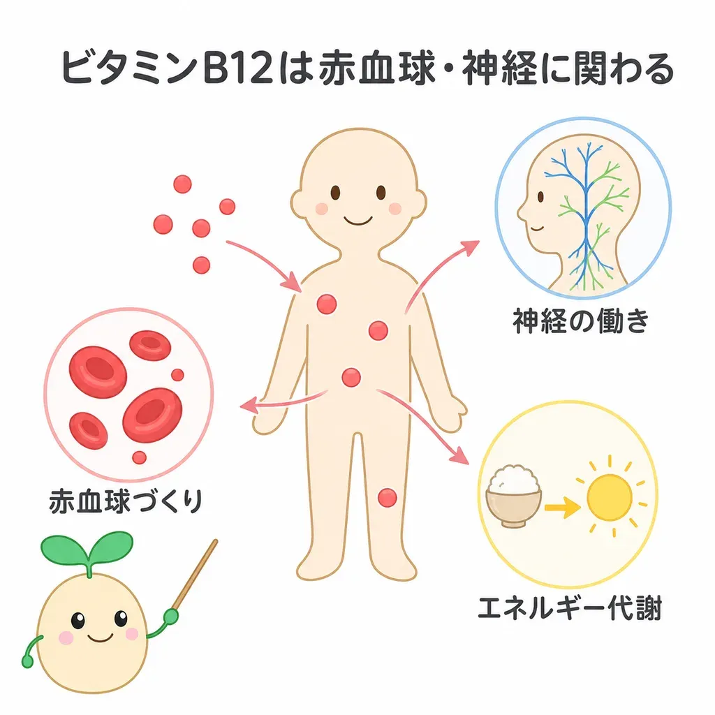ビタミンB12が体の中でどんなはたらきに関わるかをやさしく示した図