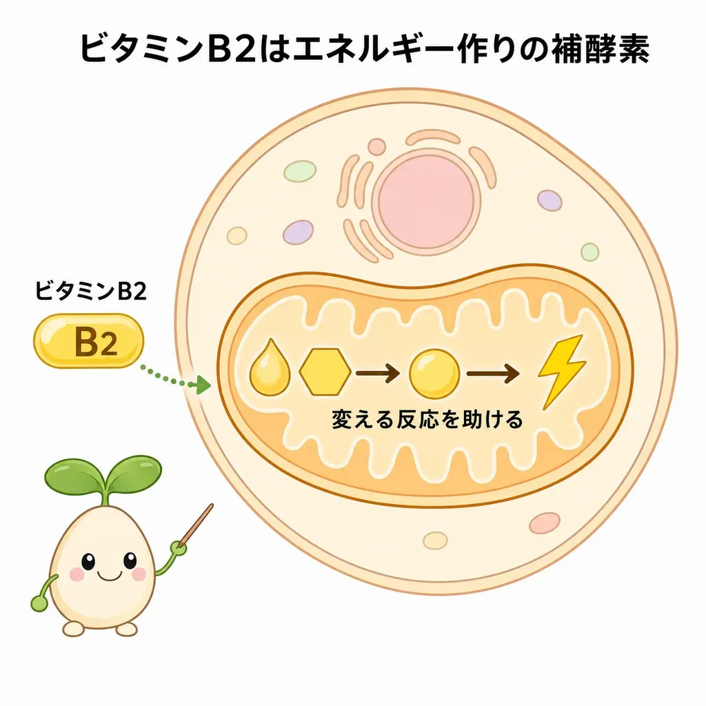 ビタミンB2が、脂質や糖質をエネルギーに変える反応を助ける補酵素として働き、不足するとだるさや口の端のただれ(口角炎)につながることを示すイメージ