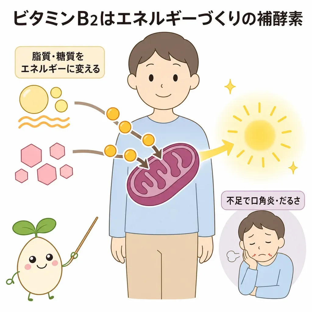 ビタミンB2（リボフラビン）が体の中でどんなはたらきに関わるかをやさしく示した図
