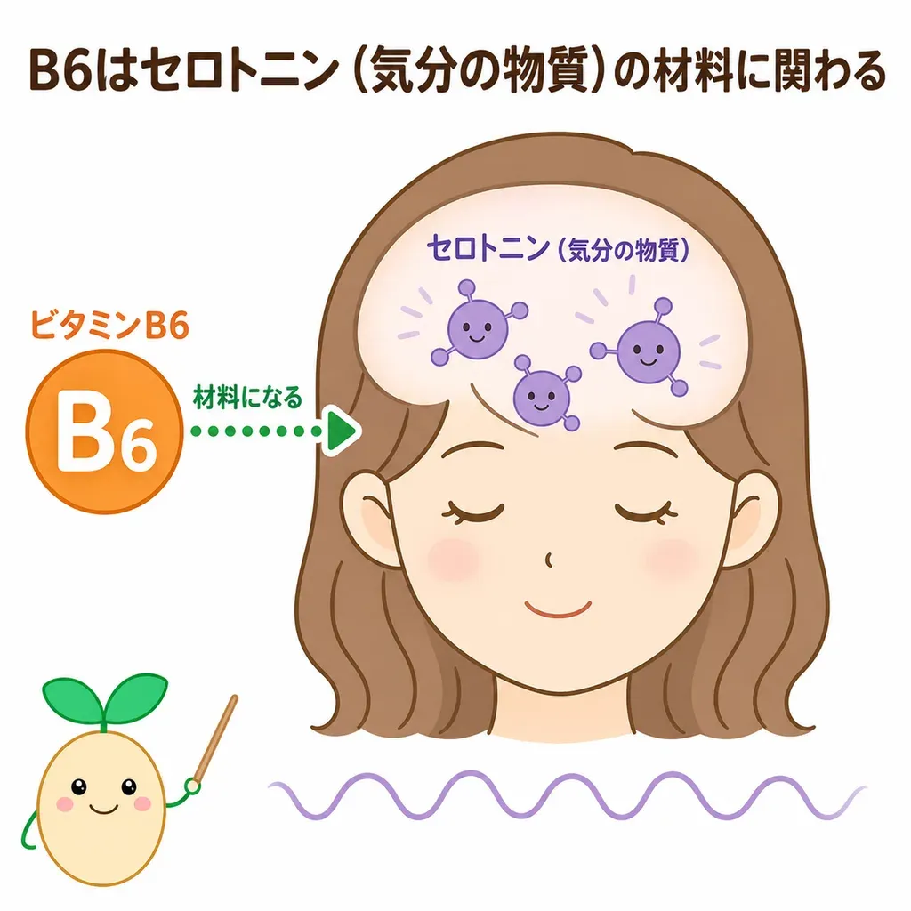 ビタミンB6が、気分に関わる物質(セロトニンなど)の材料づくりに関わり、ホルモンの変化で気分がゆらぎやすい月経前(PMS)の不調との関係で研究されていること、和らぐ報告がある一方で、サプリで大量にとると手足のしびれなど末梢神経の注意があることを示すイメージ