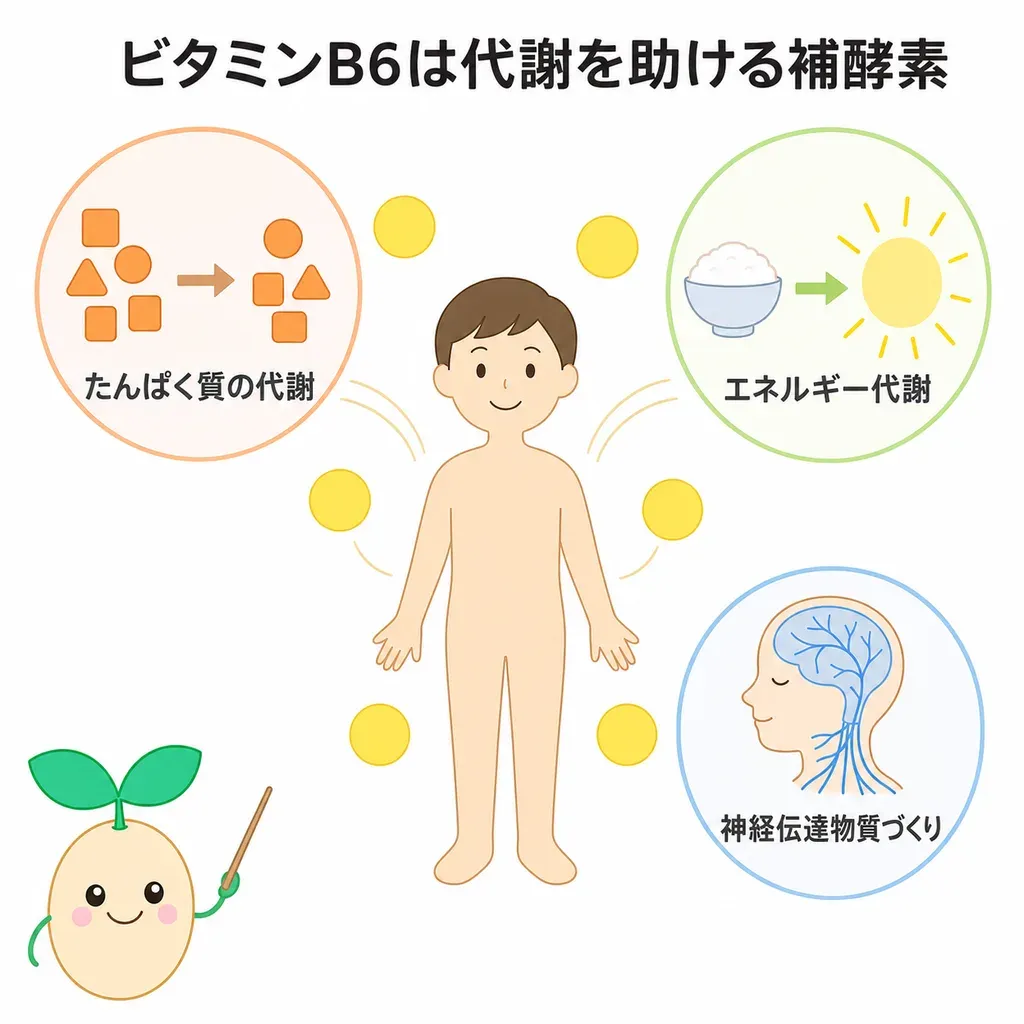 ビタミンB6が体の中でどんなはたらきに関わるかをやさしく示した図
