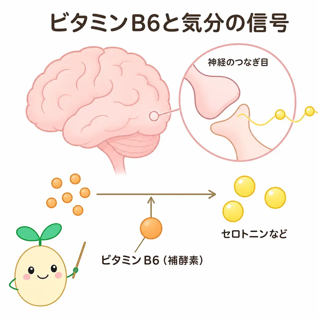 ビタミンB6が補酵素として、気分に関わる信号(セロトニンなど)づくりを助けるとされるイメージ