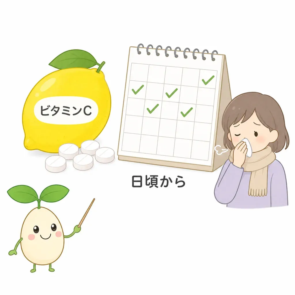 ビタミンCは風邪をひく回数はほぼ変えないが、続けると症状の長さがやや短くなる傾向。