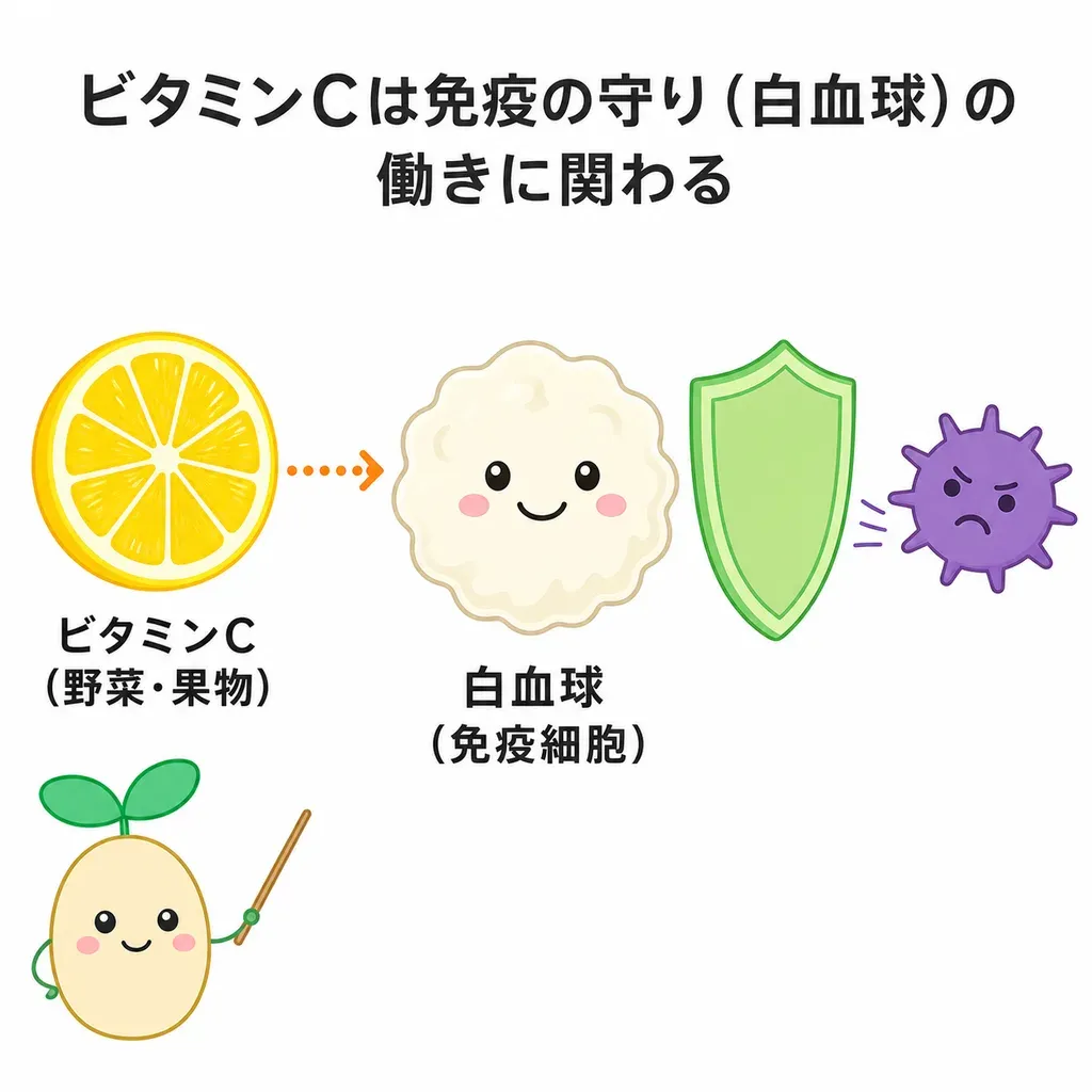 ビタミンCが免疫細胞・抗酸化・バリアの面から体の守りを支えるイメージ