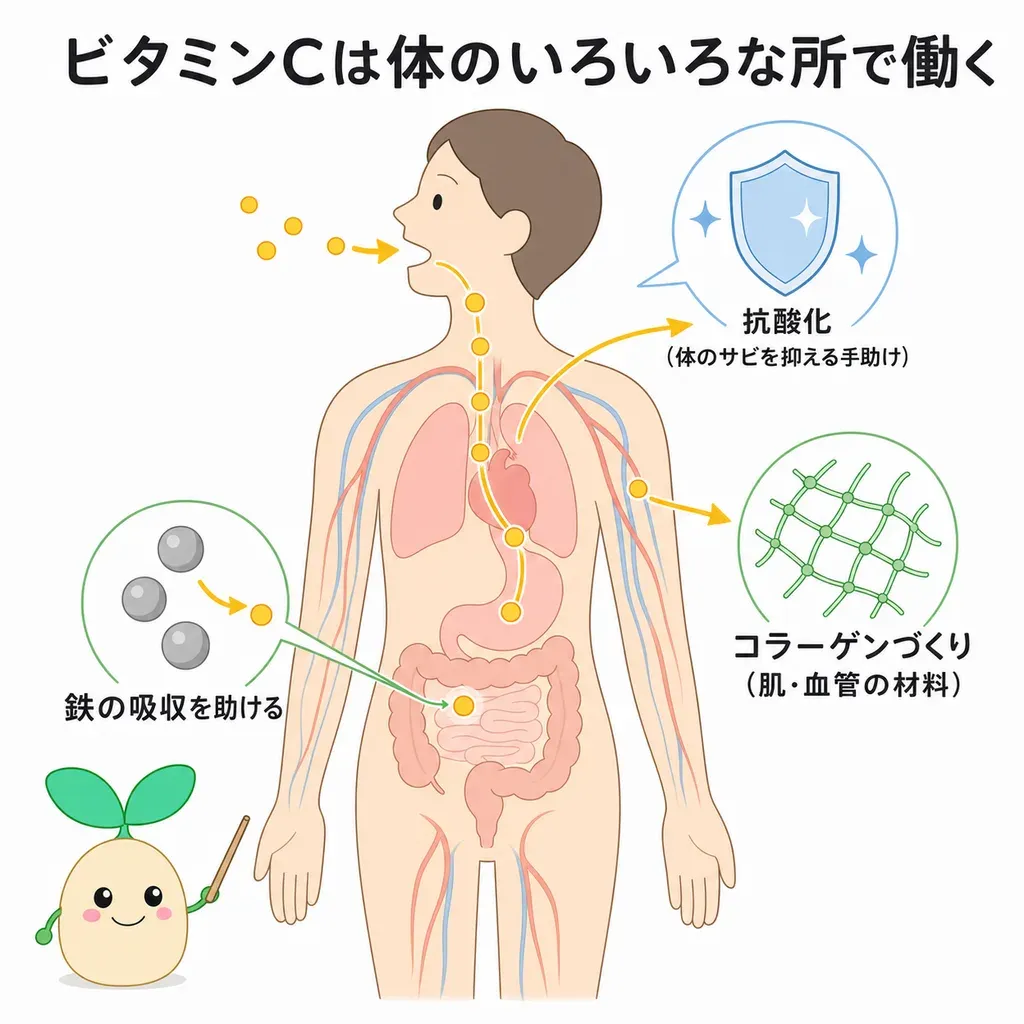 ビタミンCが体の中でどんなはたらきに関わるかをやさしく示した図