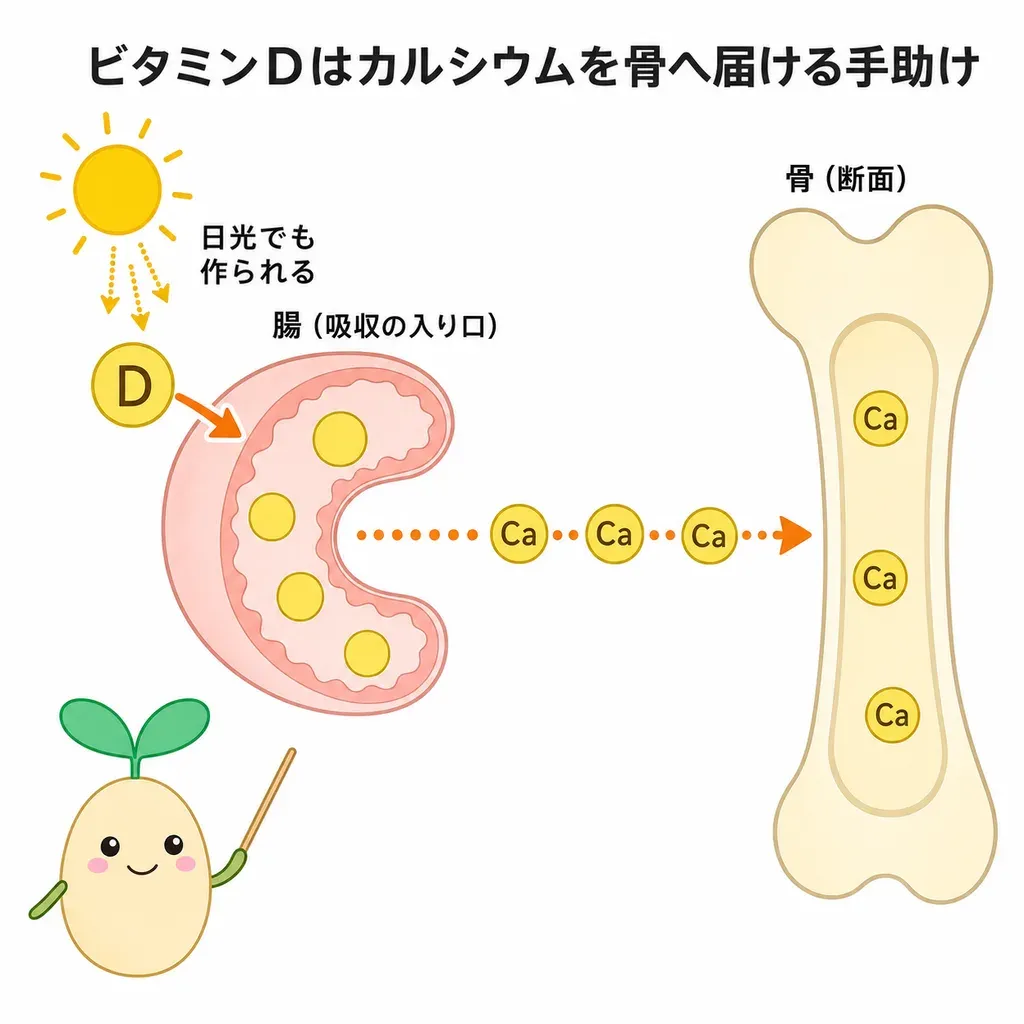 ビタミンDが腸でのカルシウム吸収を助け、骨づくりに使えるよう運ぶ手助けをするイメージ