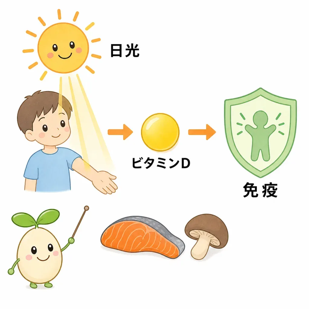 ビタミンDは日光を浴びると皮ふでも作られ、免疫の維持に関わる。
