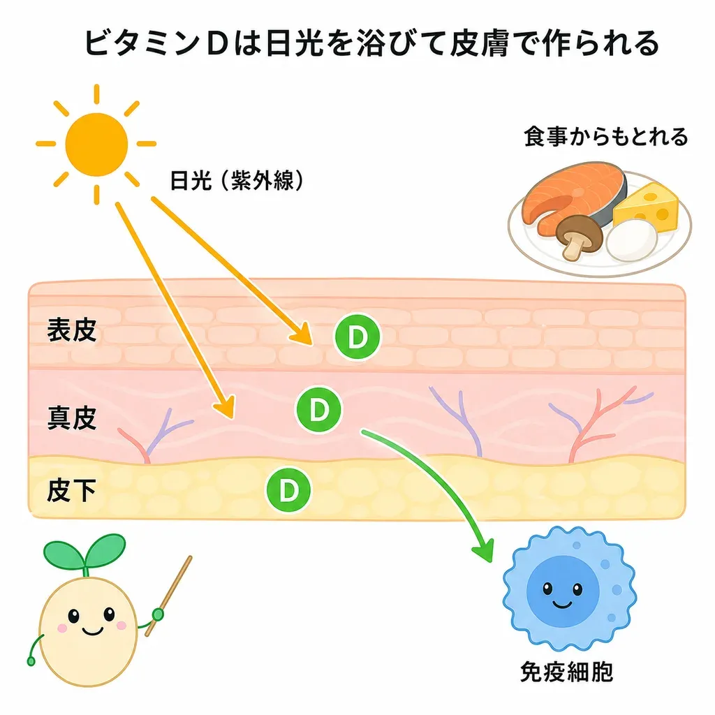 ビタミンDが免疫の現場を整え、体を守る力を後押しするイメージ