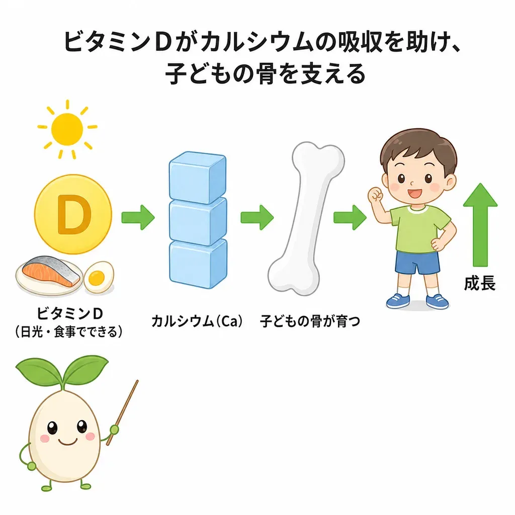 ビタミンDがカルシウムの吸収を助け、子どもの骨の成長を支えるイメージ(日光でも作られる)
