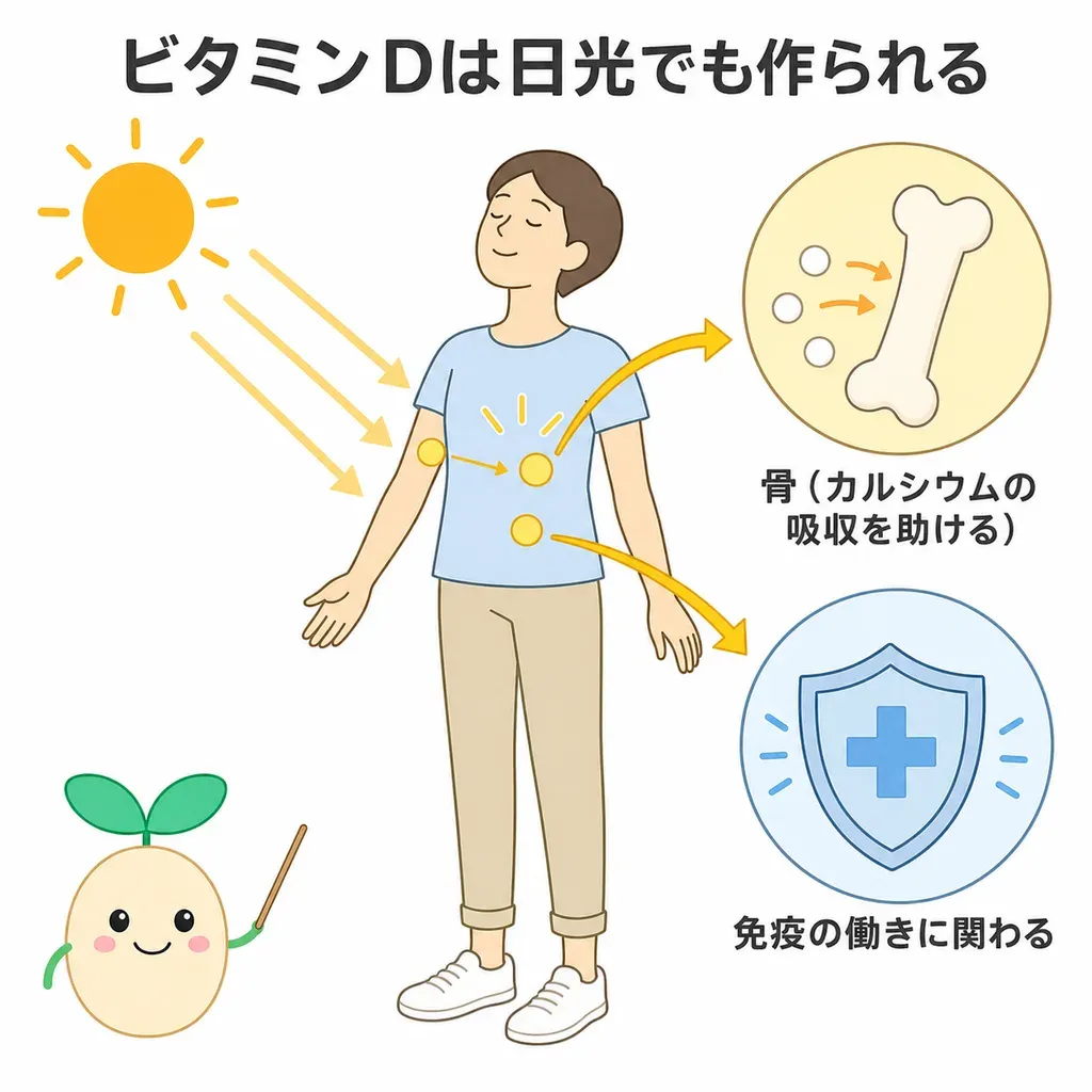 ビタミンDが体の中でどんなはたらきに関わるかをやさしく示した図