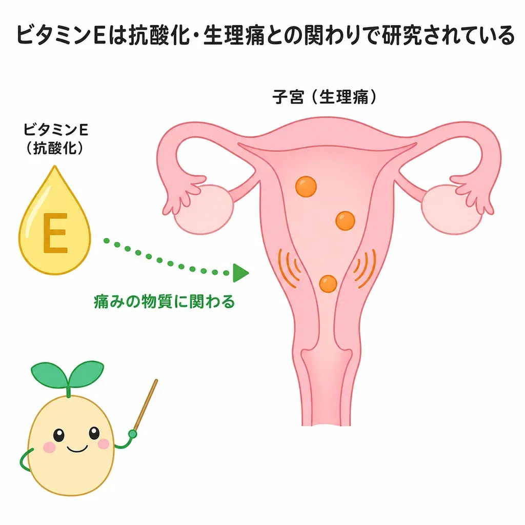 ビタミンEが抗酸化や痛みに関わる物質(プロスタグランジン)との関連で研究され、生理痛などが和らぐとの報告がある一方、全体としての裏づけは限られていることを示すイメージ
