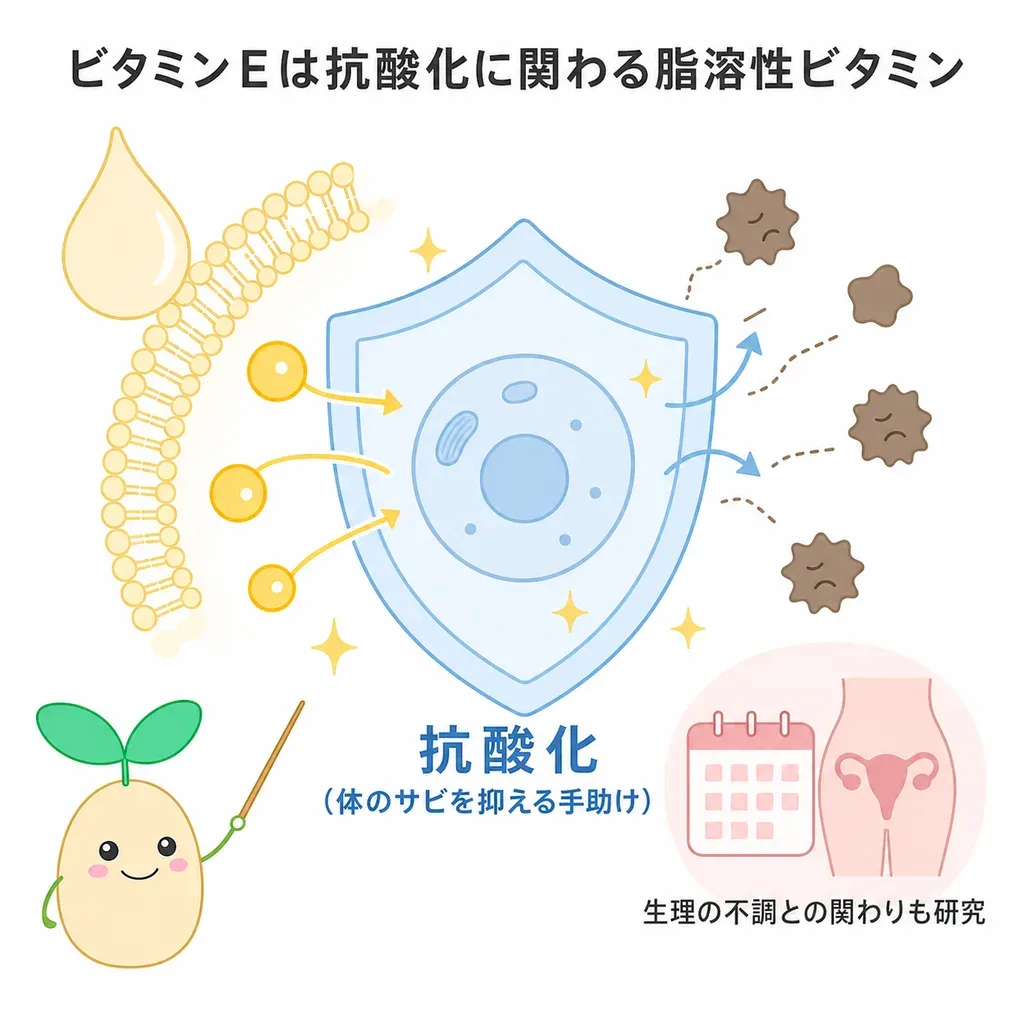 ビタミンEが体の中でどんなはたらきに関わるかをやさしく示した図