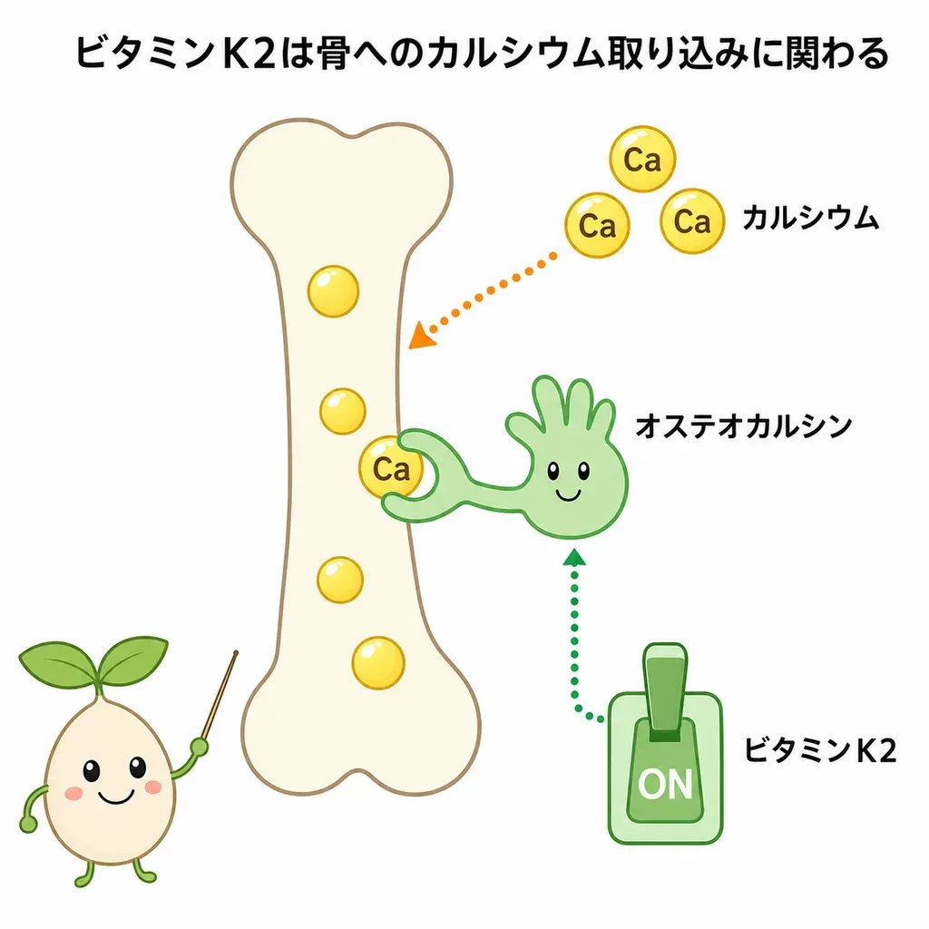ビタミンK2がオステオカルシンを活性化し、カルシウムが骨に定着しやすくなると考えられているイメージ