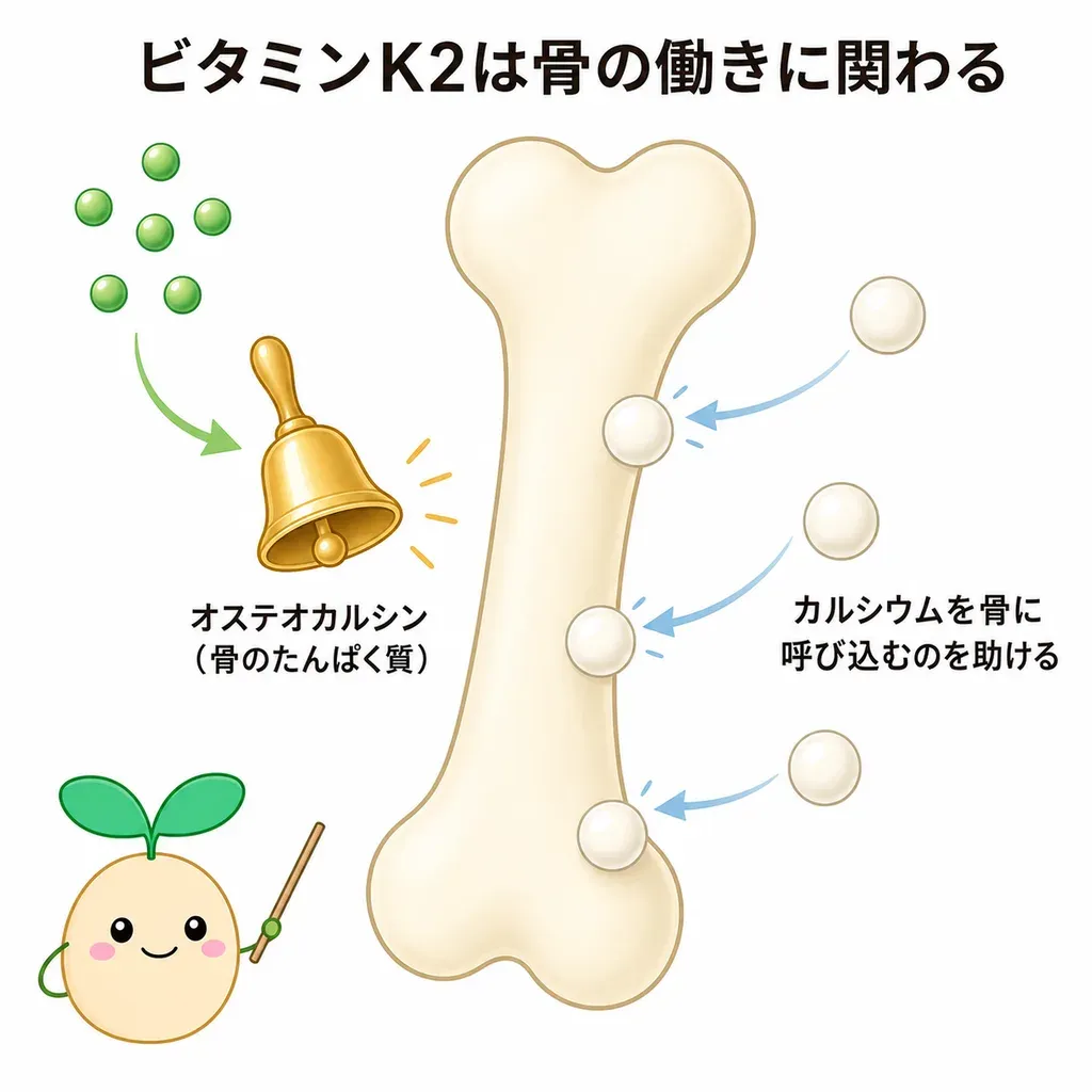 ビタミンK2が体の中でどんなはたらきに関わるかをやさしく示した図