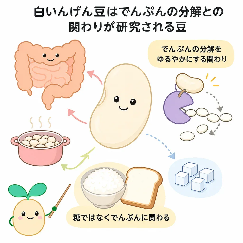 白インゲン豆エキス(ファセオラミン)が体の中でどんなはたらきに関わるかをやさしく示した図