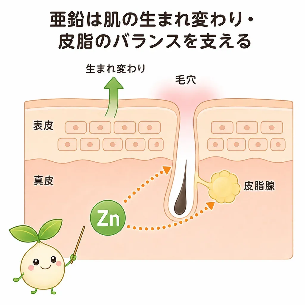 亜鉛が炎症・皮脂・ターンオーバーの面から肌の土台を支えるイメージ
