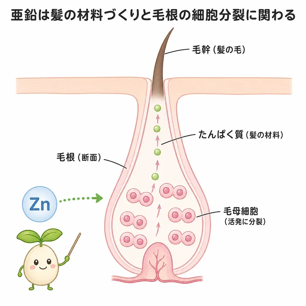 亜鉛が髪の材料となるたんぱく質づくりや、毛根(毛の根もと)で活発に起こる細胞分裂に関わること、抜け毛のある人で亜鉛が低い傾向を示した研究がある一方、足りている人がとってボリュームが増す裏づけは限定的であることを示すイメージ