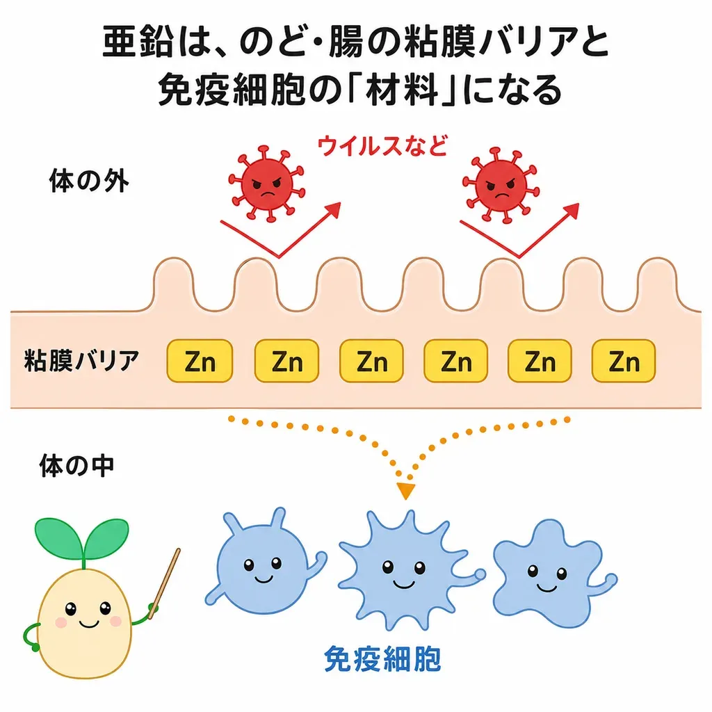 亜鉛が免疫細胞の働きや粘膜のバリアの維持に関わるイメージ