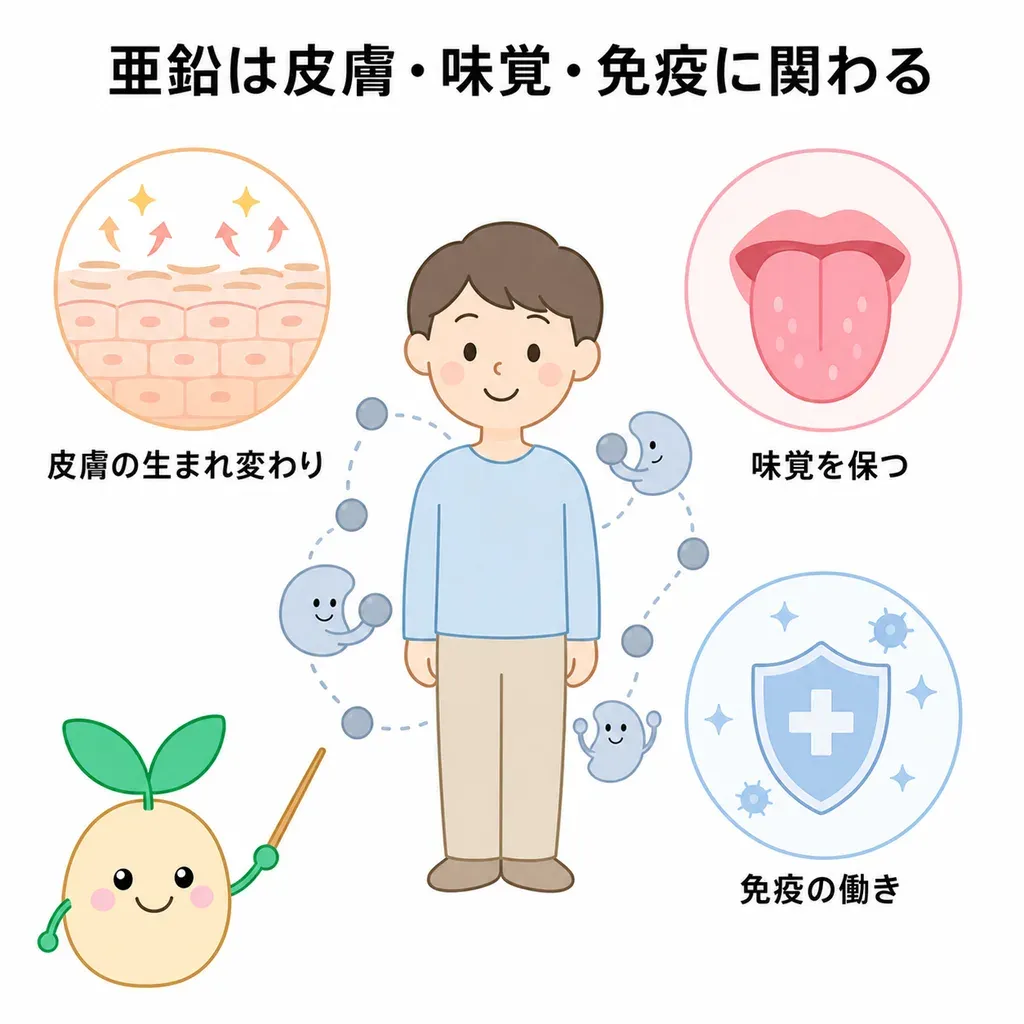 亜鉛が体の中でどんなはたらきに関わるかをやさしく示した図